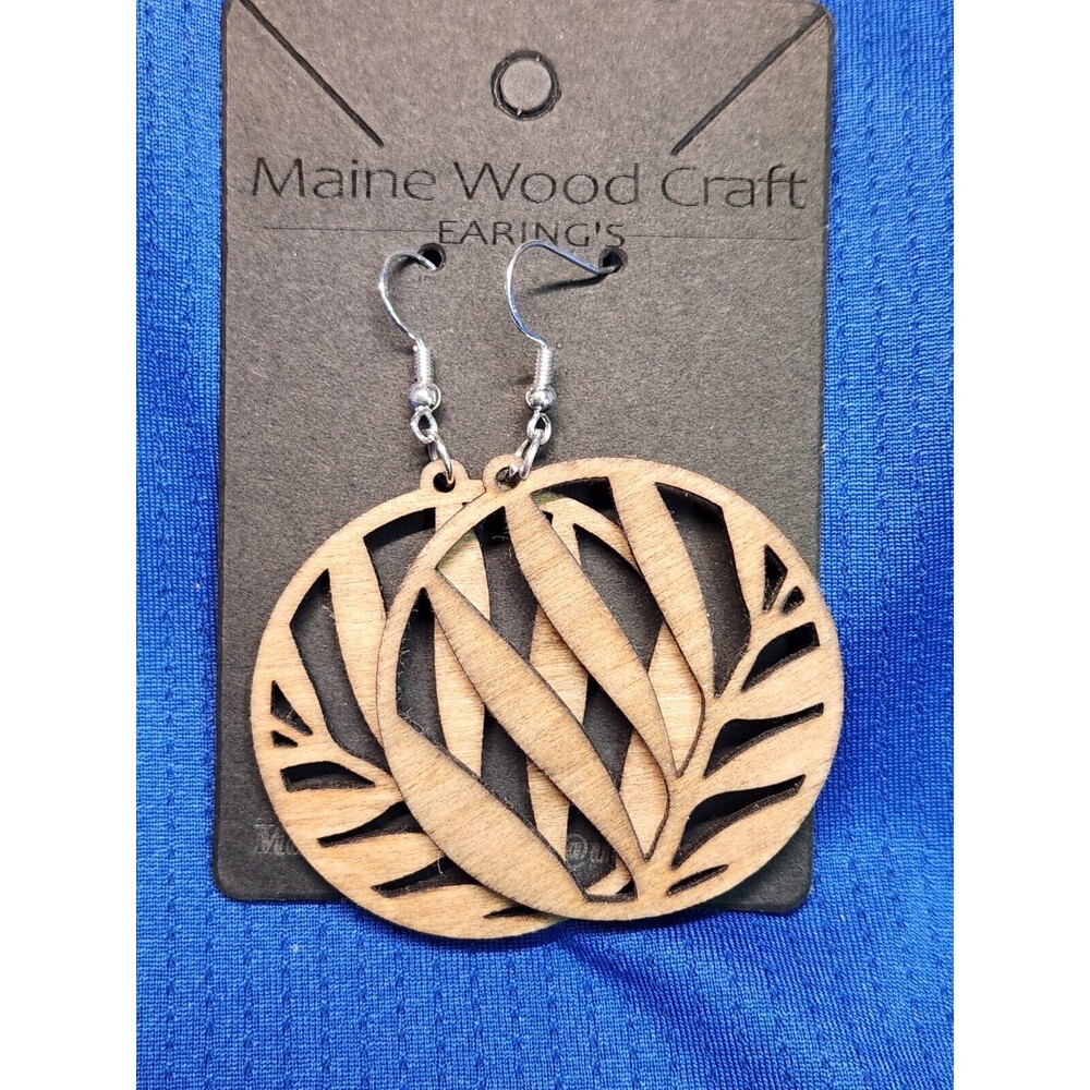 1 Pair Round Shaped Laser Cut Wooden Dangle Earrings Boho Style.